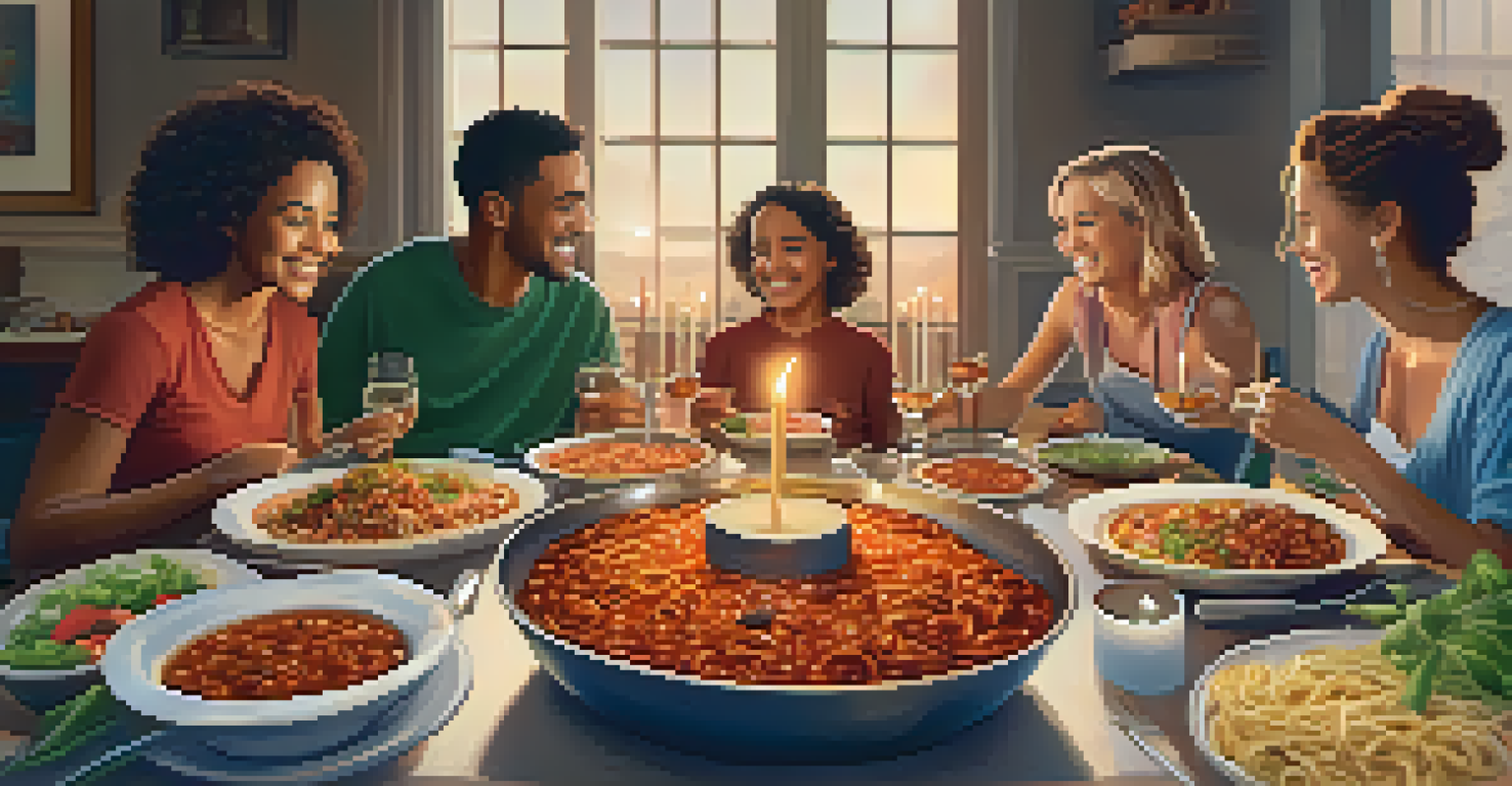 A family enjoying a meal of vegan bolognese at a dinner table adorned with salads and candles.