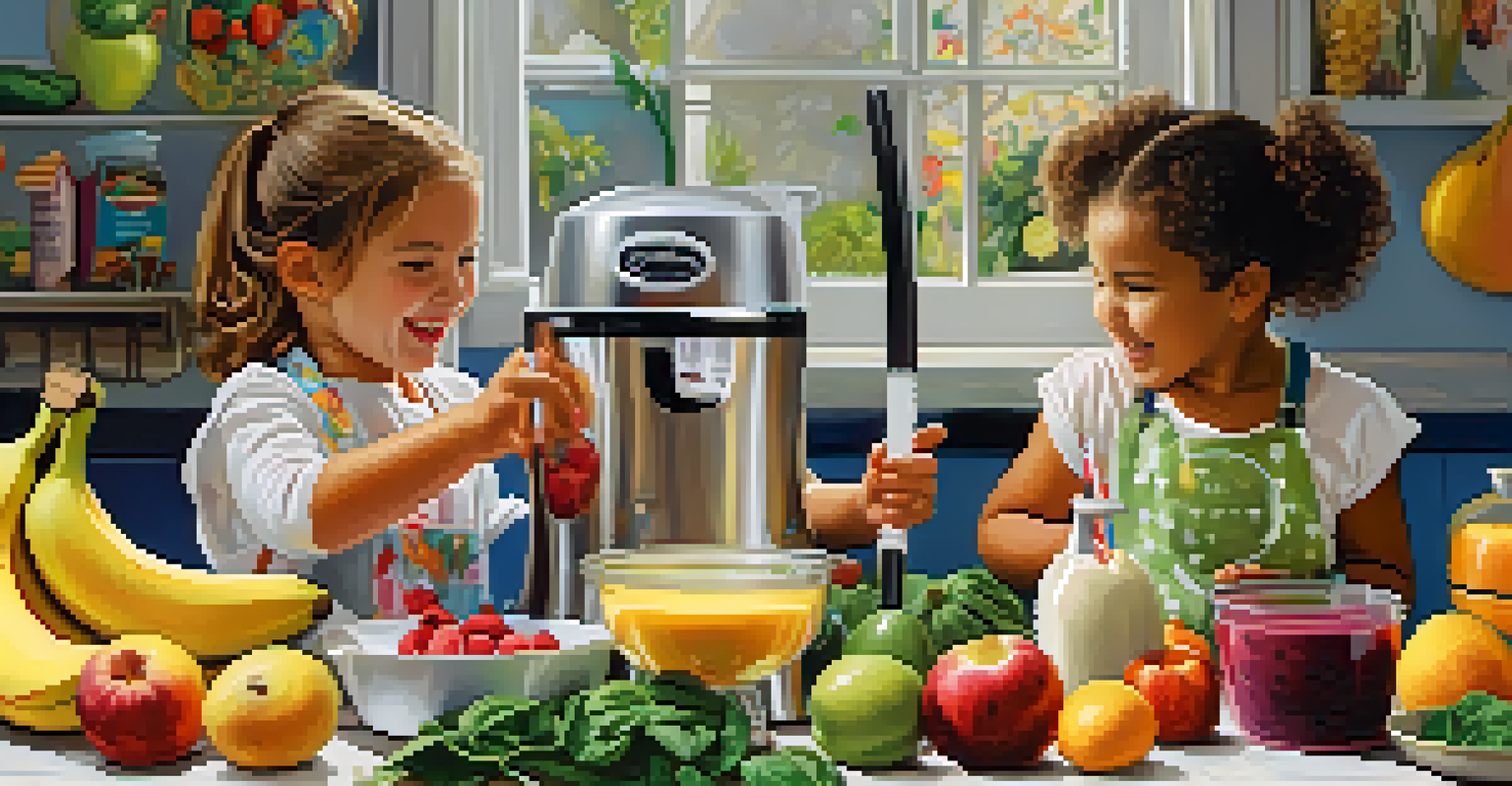 Children engaged in making smoothies with fruits and spinach in a cheerful kitchen setting.