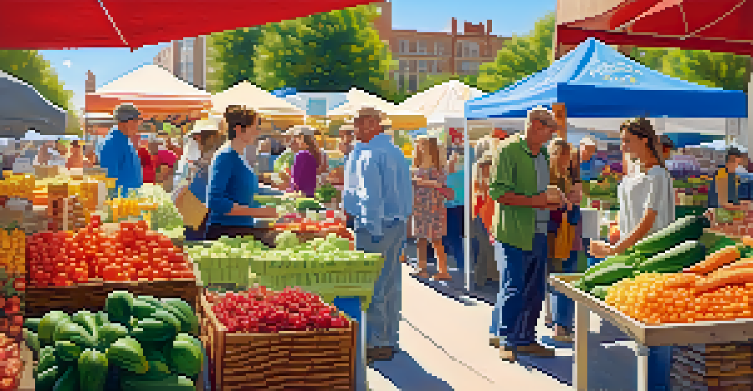 A vibrant outdoor farmers' market filled with fresh organic produce, with people selecting ingredients under a bright blue sky.