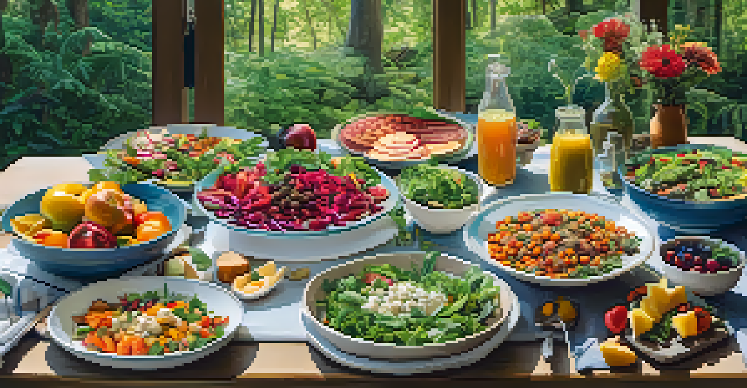 A beautifully arranged outdoor table with a variety of colorful vegan dishes, surrounded by greenery.