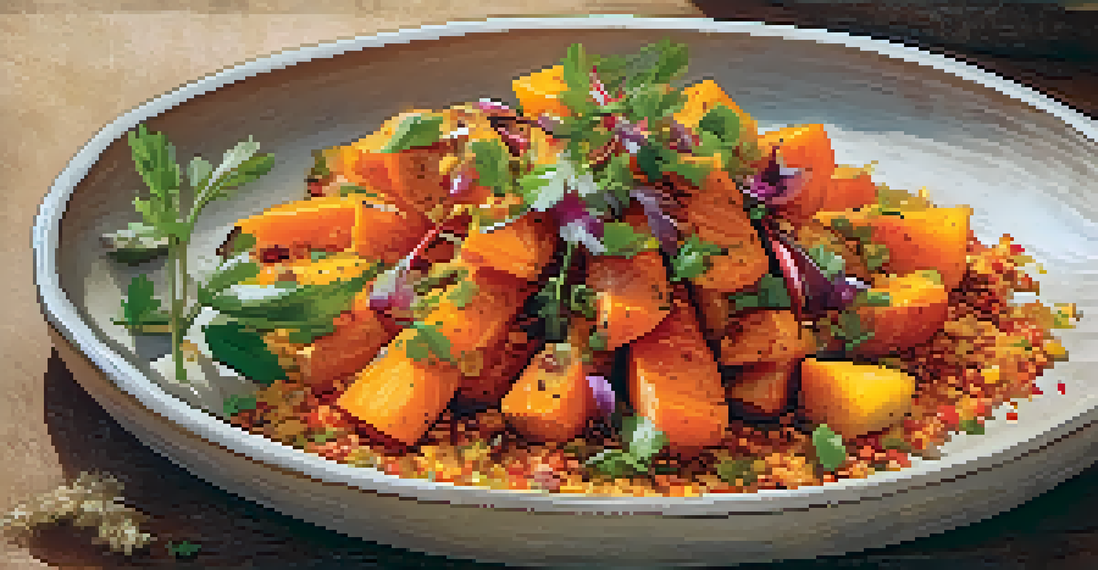 A colorful vegan dish with roasted carrots and mango salsa, beautifully plated and garnished with fresh herbs.