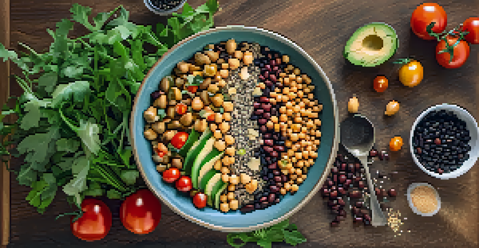 An overhead shot of a vibrant grain bowl filled with legumes, quinoa, and fresh vegetables, showcasing a healthy meal.