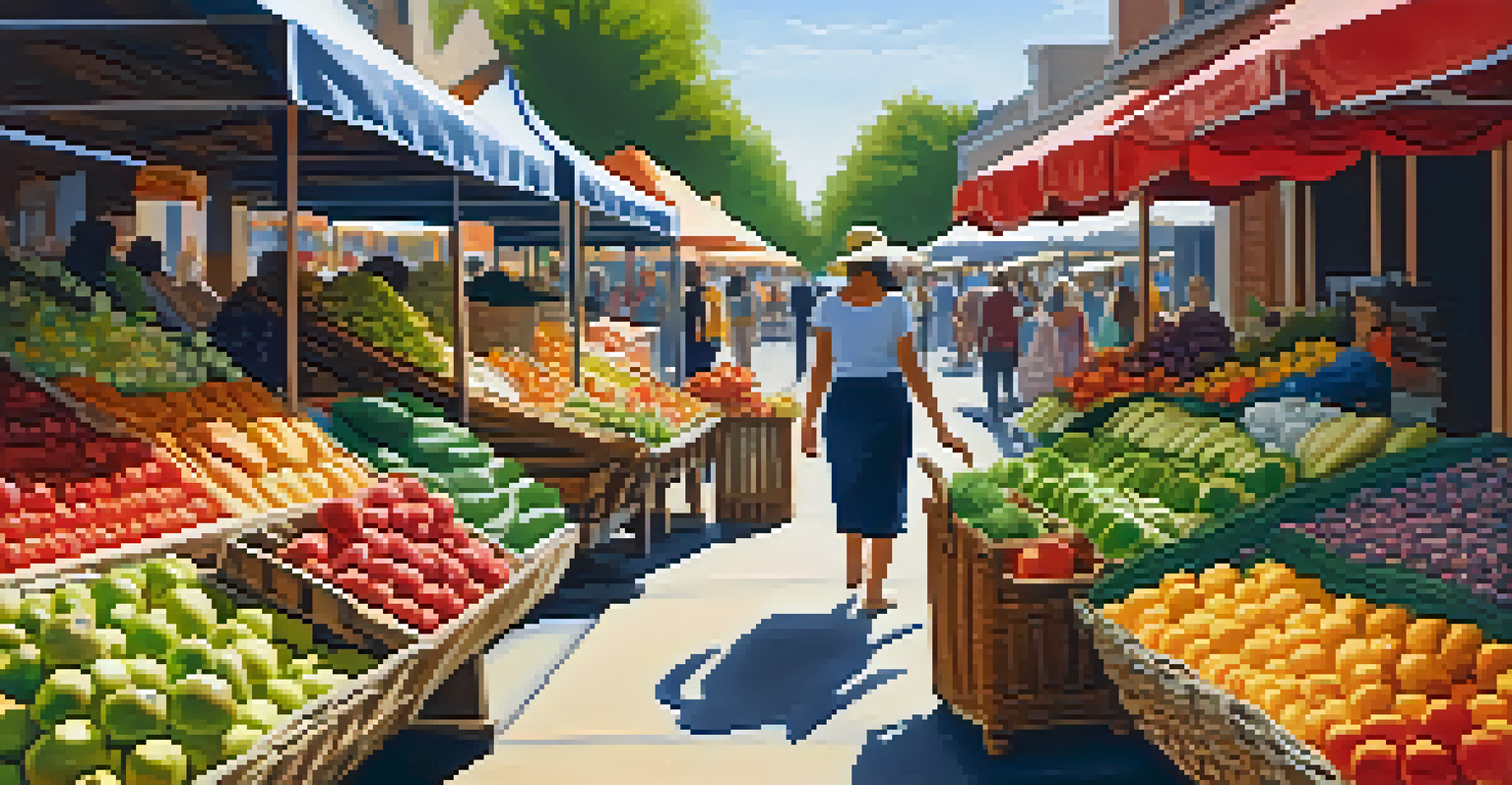 A shopper carrying a wicker basket filled with seasonal produce at a sunlit farmers' market, surrounded by vibrant stalls.