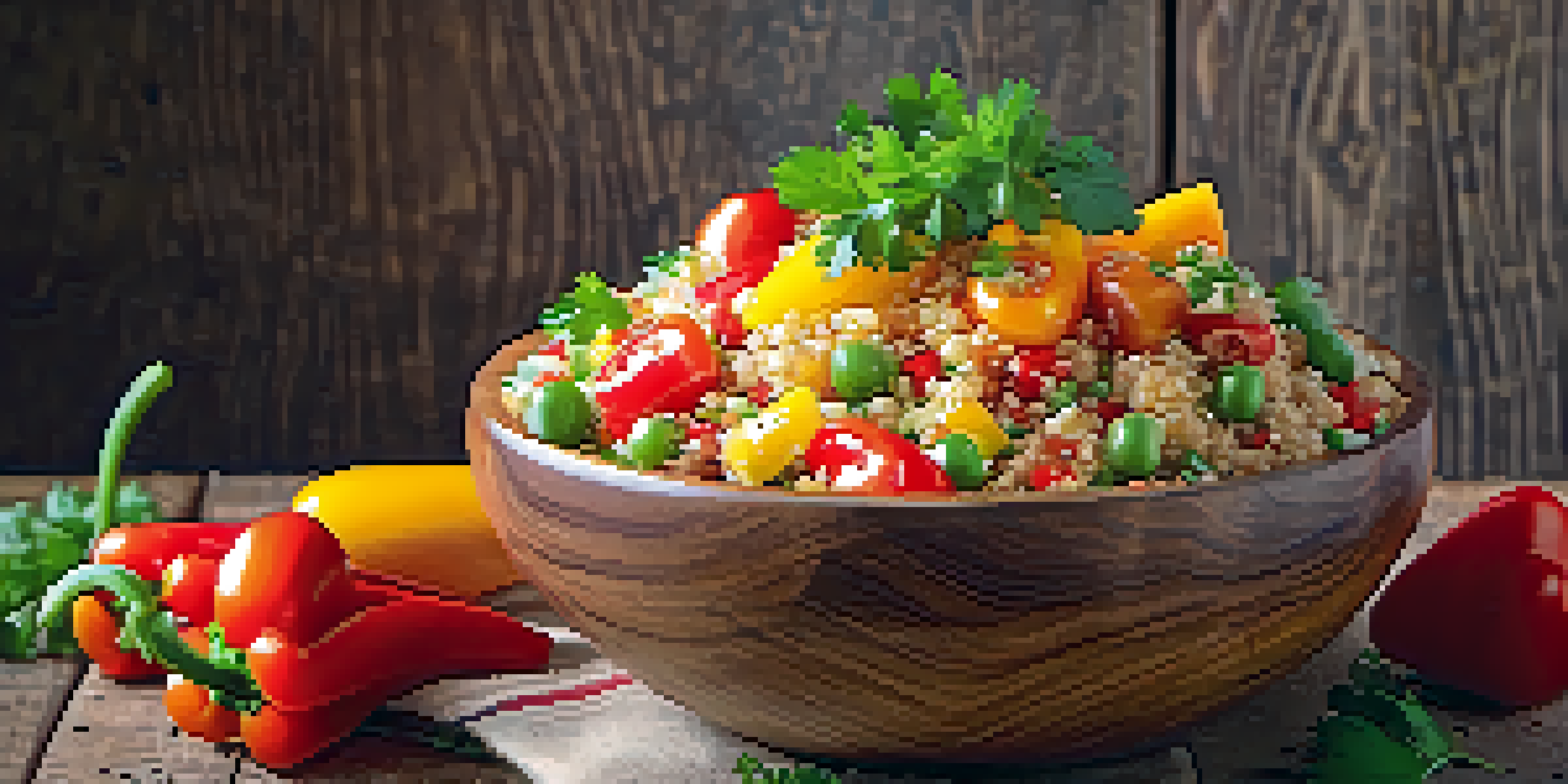 A colorful zesty quinoa salad with bell peppers, cherry tomatoes, and parsley in a rustic bowl on a wooden table, illuminated by natural sunlight.