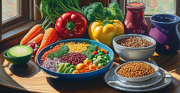 A colorful and vibrant vegan meal arranged on a table, featuring fresh vegetables, fruits, grains, and legumes with soft natural lighting.
