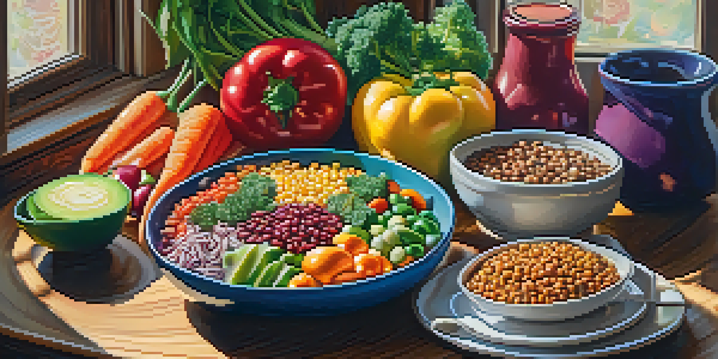 A colorful and vibrant vegan meal arranged on a table, featuring fresh vegetables, fruits, grains, and legumes with soft natural lighting.