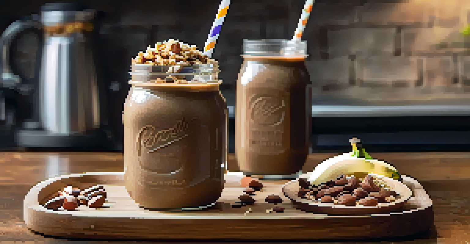 An insulated container filled with a chocolate smoothie, topped with crushed nuts, alongside a banana and a jar of peanut butter in a cozy kitchen setting.