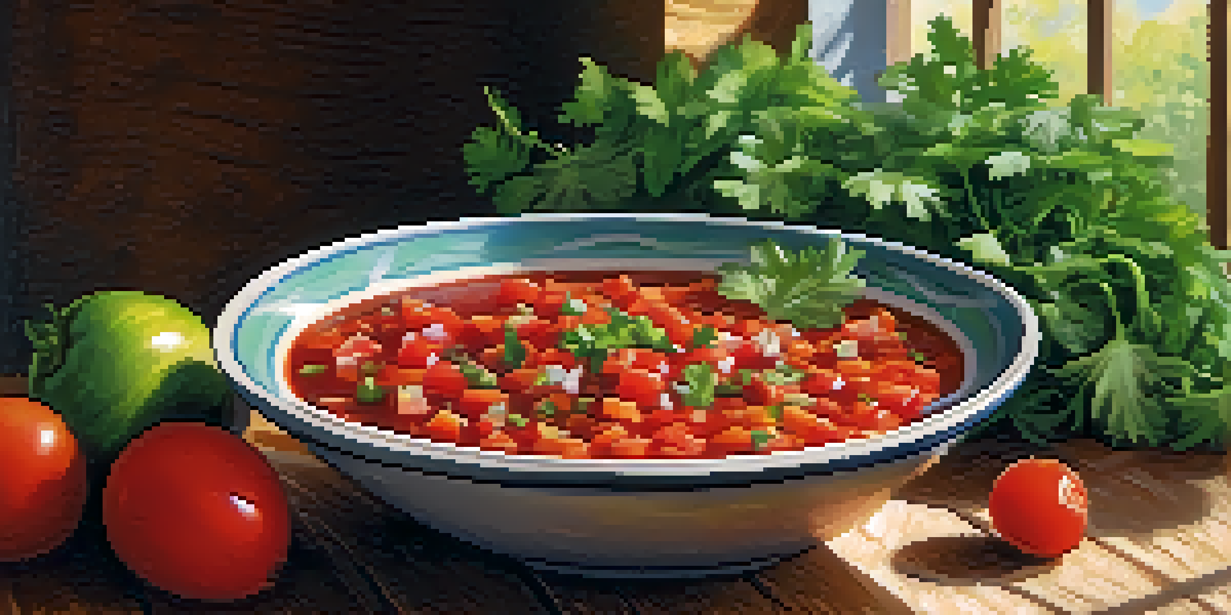 A bowl of fresh salsa with diced tomatoes, onions, and cilantro, garnished with lime wedges on a rustic wooden table.
