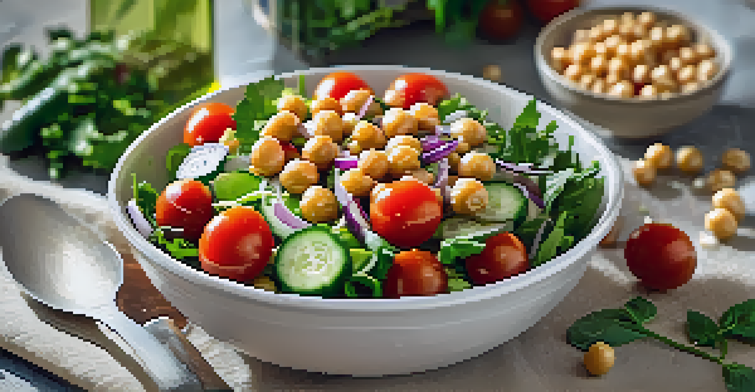 A close-up of a chickpea salad with tomatoes, cucumber, and greens in a rustic bowl.