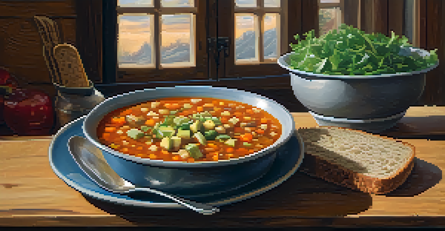 A beautifully plated vegan meal with vegetable soup and whole grain bread, surrounded by a colorful salad on a rustic table.