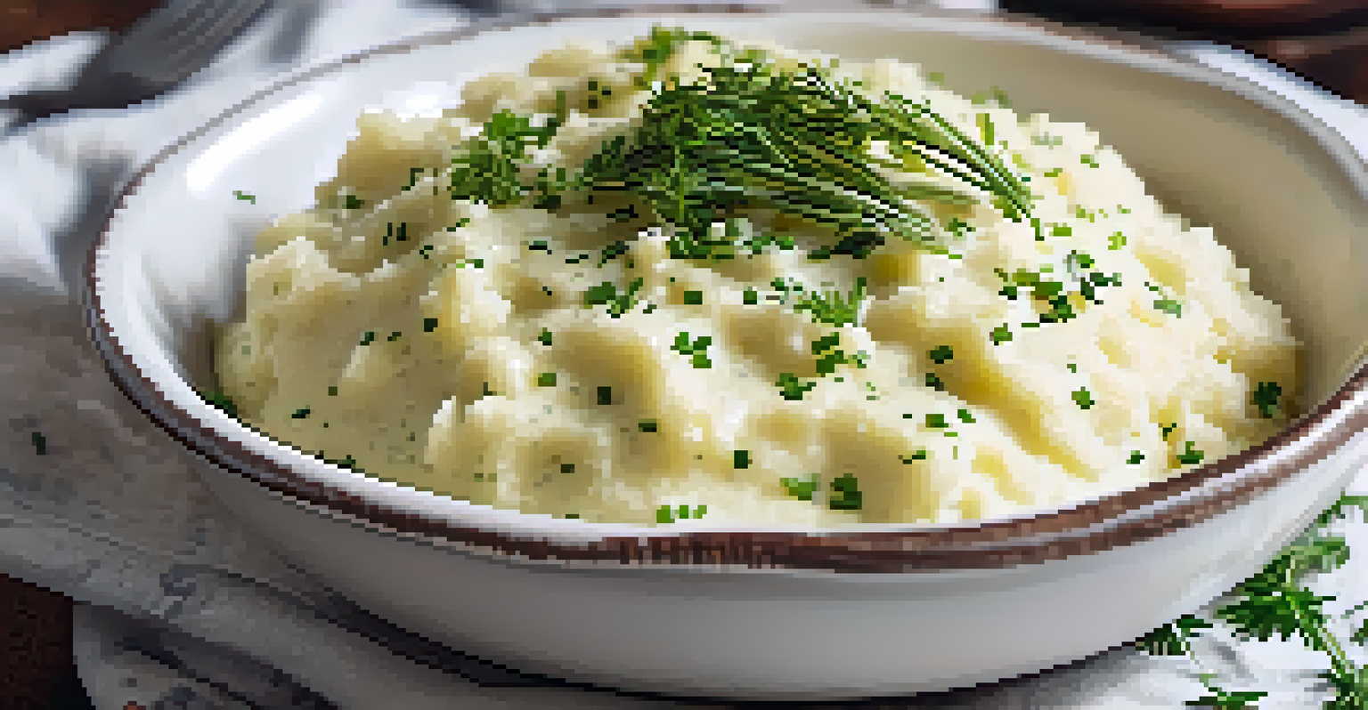 A bowl of creamy vegan mashed potatoes topped with herbs and plant-based butter, set on a festive table.