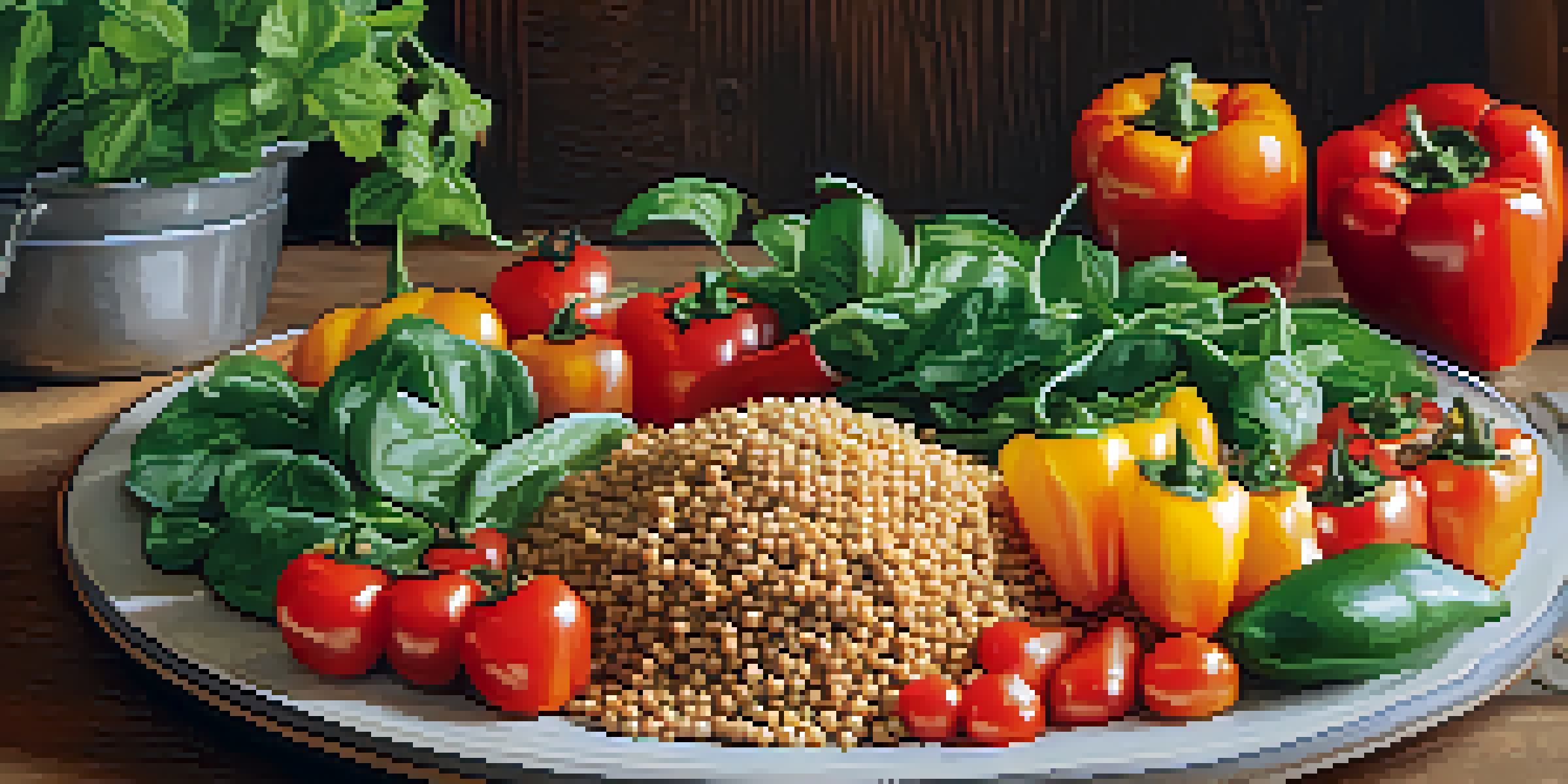 A vibrant plate of diverse plant-based foods featuring quinoa, lentils, and fresh vegetables on a rustic wooden table.