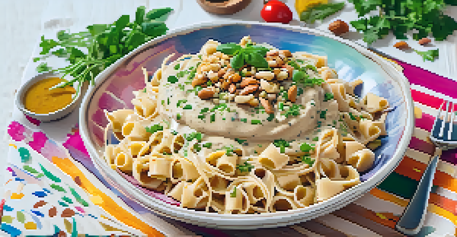 A bowl of vegan pasta with cashew sauce and chopped nuts, presented on a colorful tablecloth.