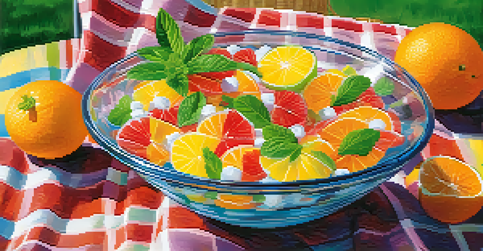 A colorful fruit salad in a glass bowl with citrus segments and mint leaves, set on a sunny picnic blanket outdoors.