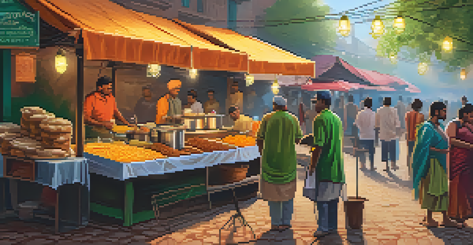 A lively Indian street food vendor making pakoras, with colorful market stalls in the background under string lights.