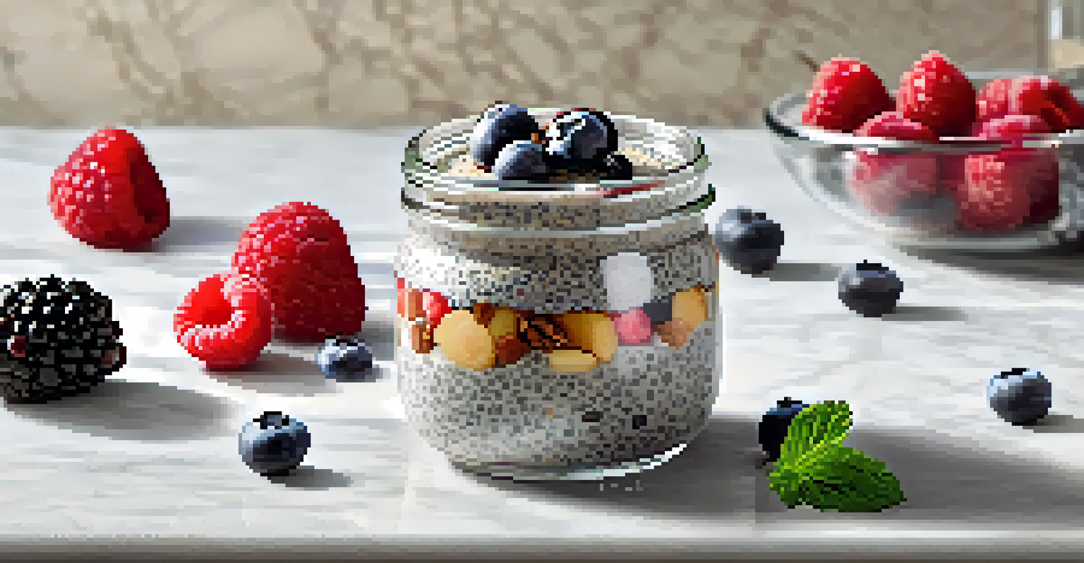 A jar filled with chia seed pudding topped with colorful fresh berries and nuts, resting on a marble countertop.