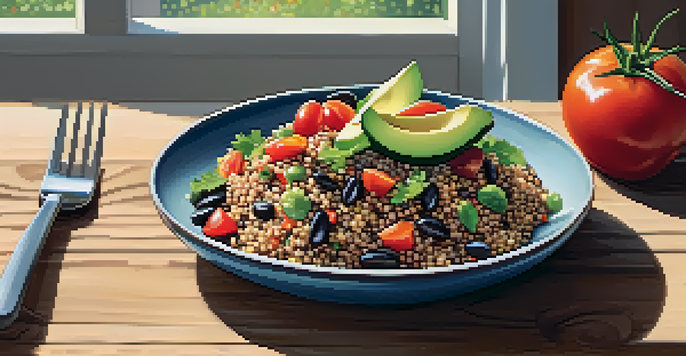A colorful vegan meal with quinoa, black beans, cherry tomatoes, and avocados on a wooden table, illuminated by soft natural light.
