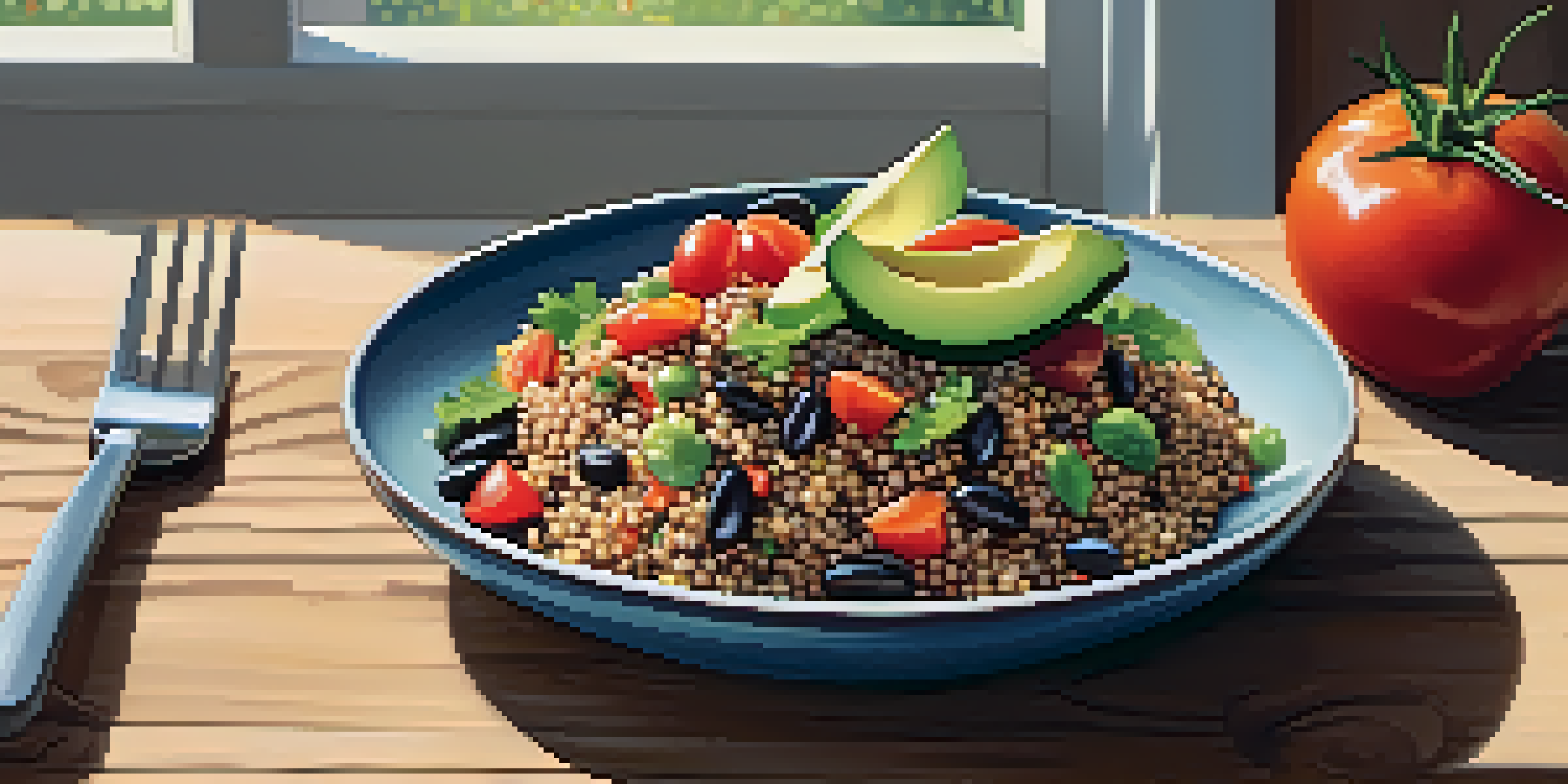 A colorful vegan meal with quinoa, black beans, cherry tomatoes, and avocados on a wooden table, illuminated by soft natural light.