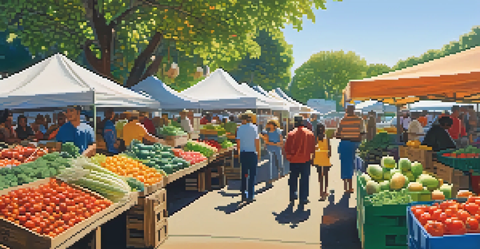 A bustling farmer's market filled with colorful fruits and vegetables, with people shopping in a bright, sunlit environment.