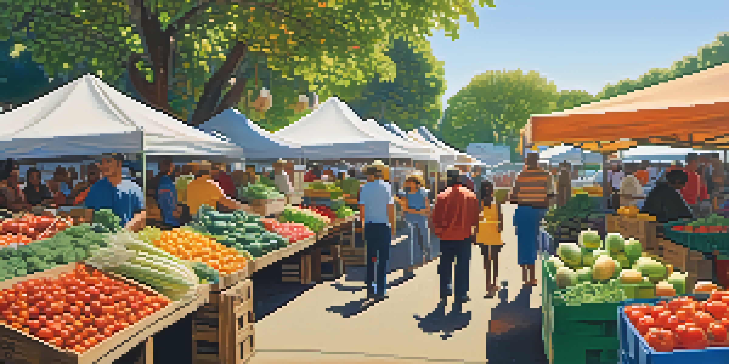 A bustling farmer's market filled with colorful fruits and vegetables, with people shopping in a bright, sunlit environment.
