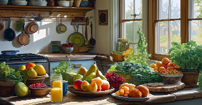 A bright kitchen featuring a wooden table filled with assorted plant-based foods like fruits and leafy greens, illuminated by natural sunlight.