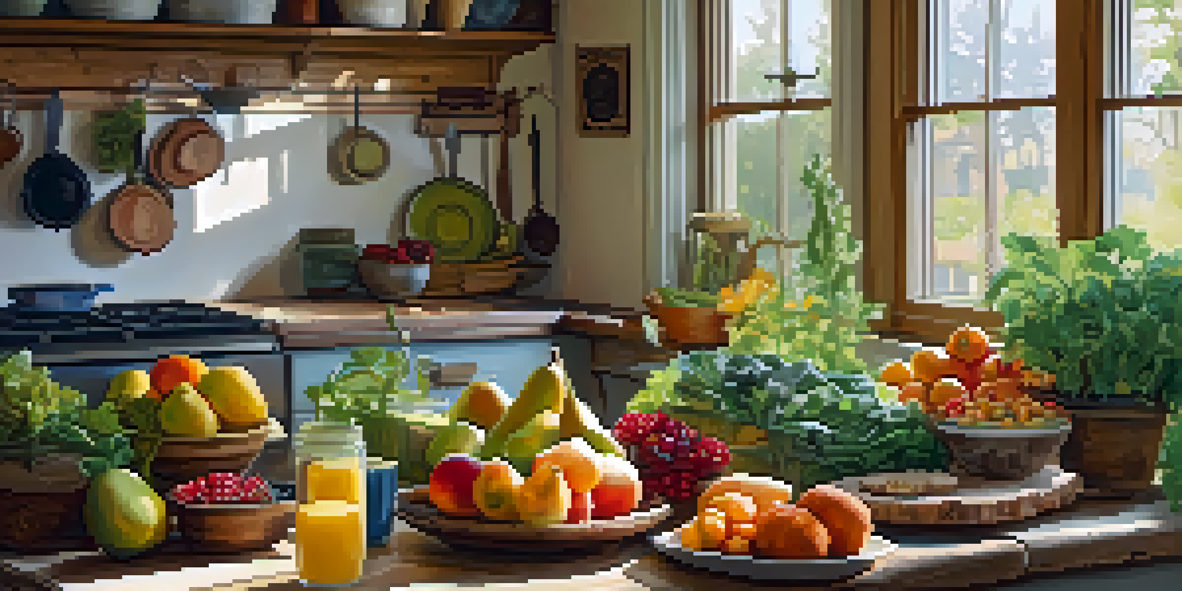 A bright kitchen featuring a wooden table filled with assorted plant-based foods like fruits and leafy greens, illuminated by natural sunlight.