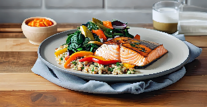 A colorful quinoa salad with roasted vegetables and grilled salmon, presented on a rustic wooden table.