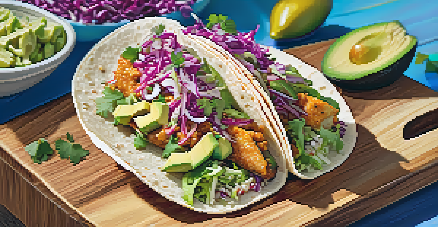 A delicious plant-based fish taco made with jackfruit, topped with slaw and avocado, presented on a wooden board with a lively market background.