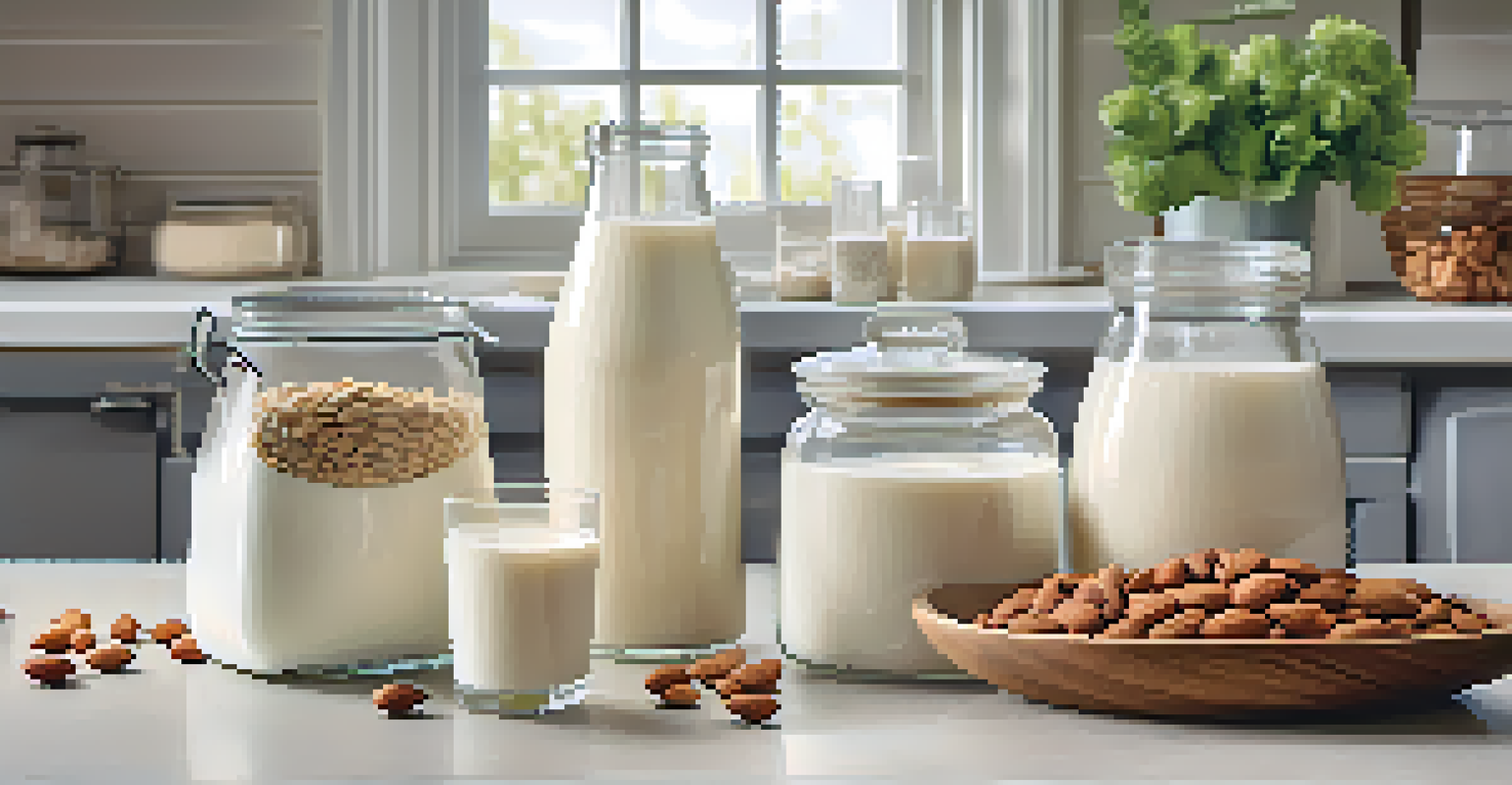 Various plant-based milk options in glass containers on a kitchen countertop with fresh ingredients in the background.