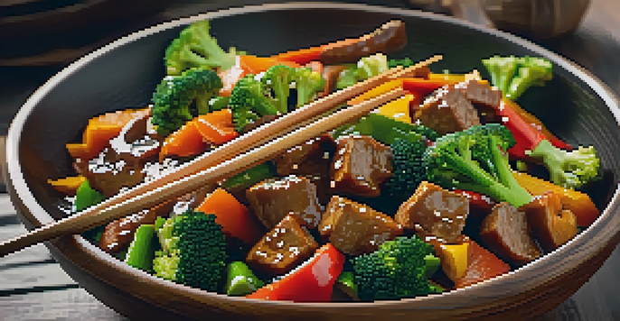 A colorful vegan stir-fry with seitan and vegetables in a wooden bowl, accompanied by chopsticks.