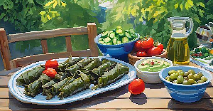 A colorful Mediterranean vegan feast including stuffed grape leaves, Greek salad, and fava dip on a rustic table outdoors.