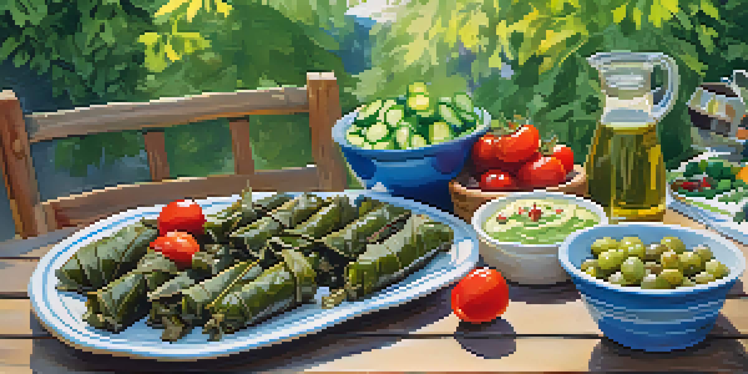 A colorful Mediterranean vegan feast including stuffed grape leaves, Greek salad, and fava dip on a rustic table outdoors.