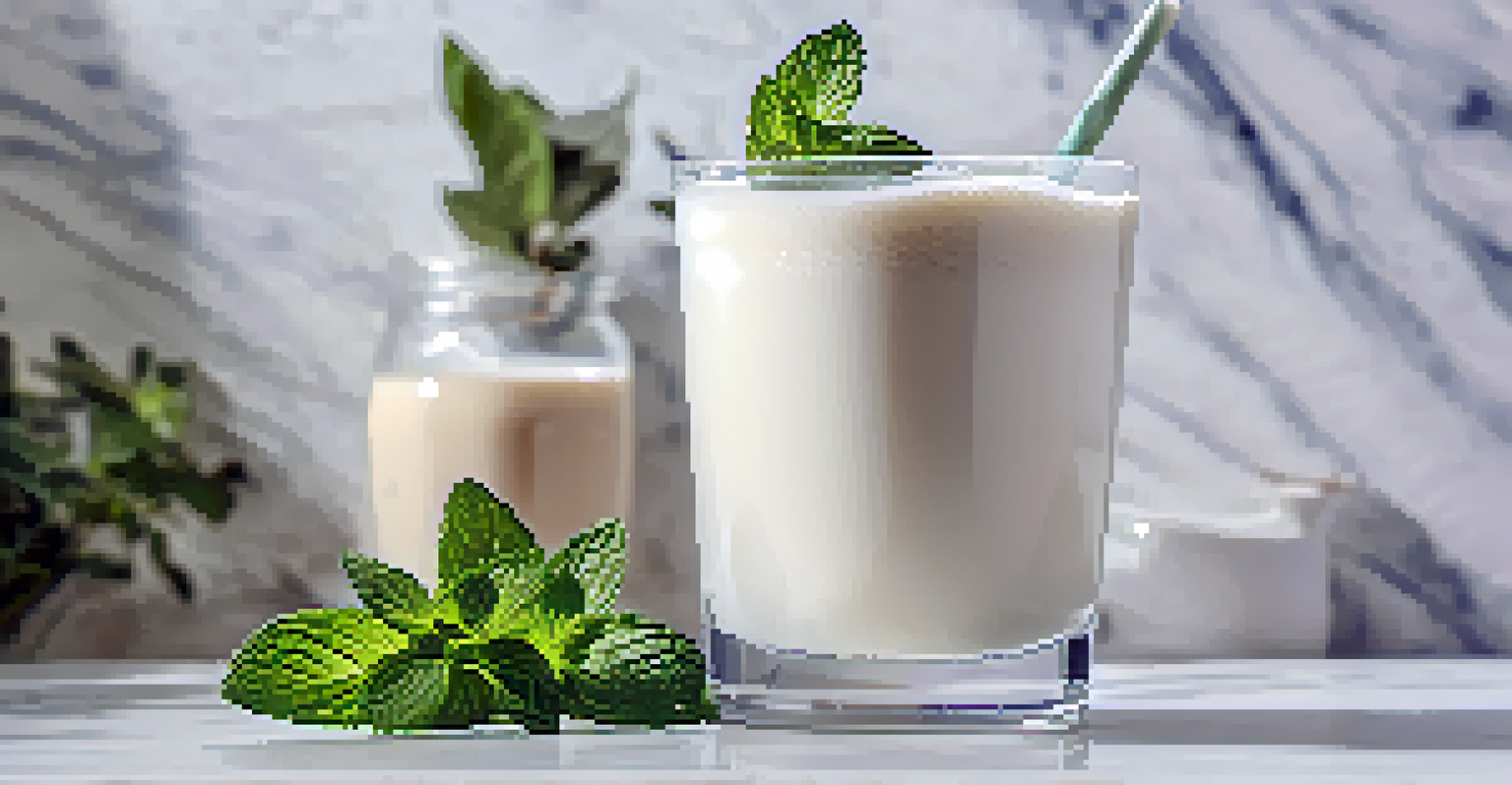 A glass of creamy oat milk surrounded by oats and mint, on a marble countertop, with bright light highlighting its texture.