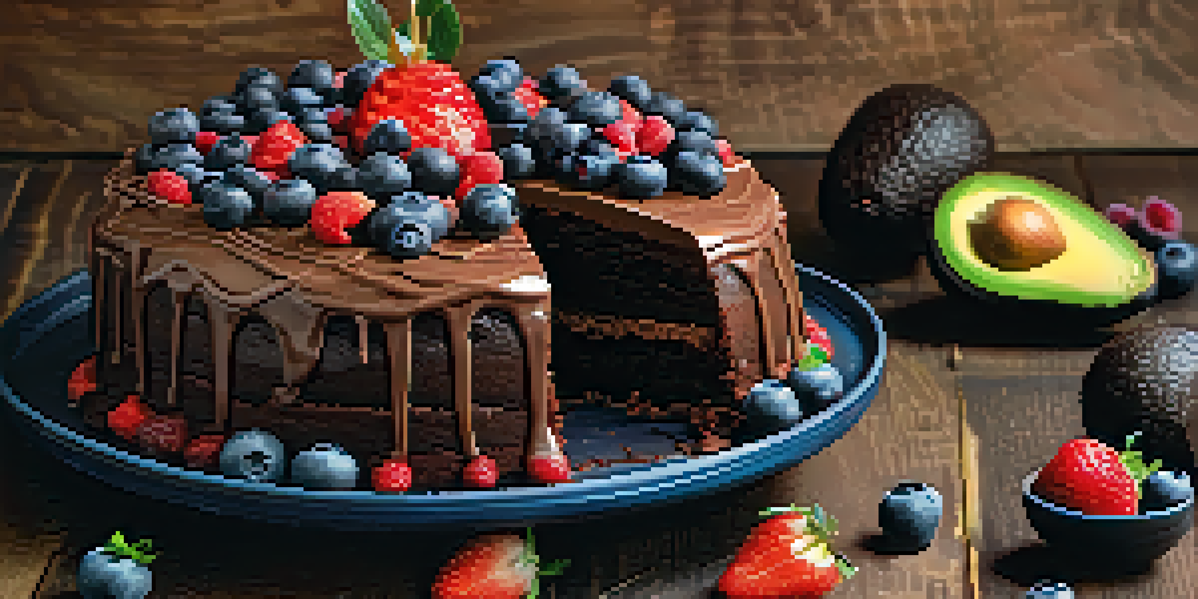 A vegan chocolate avocado cake with dark chocolate ganache and fresh berries on a wooden table, illuminated by soft natural light.