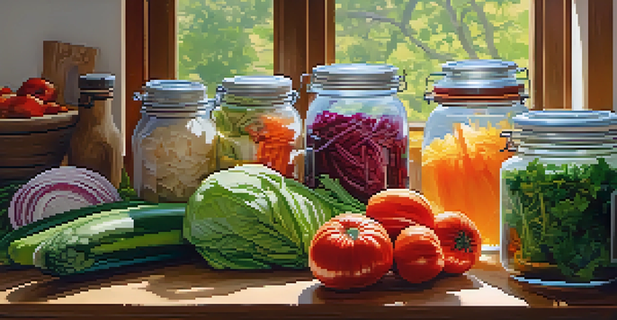 A kitchen counter filled with colorful jars of fermented foods like kimchi and sauerkraut, surrounded by fresh vegetables and herbs, illuminated by warm sunlight.