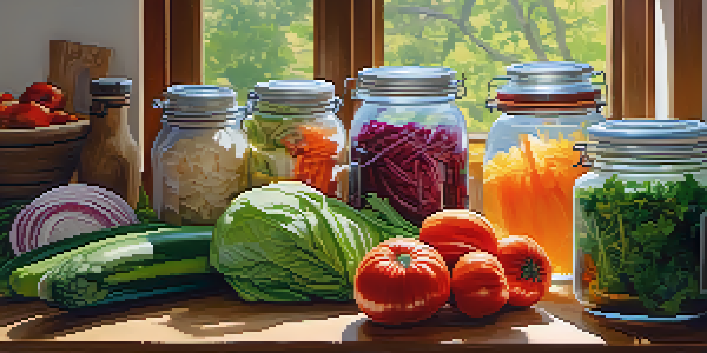 A kitchen counter filled with colorful jars of fermented foods like kimchi and sauerkraut, surrounded by fresh vegetables and herbs, illuminated by warm sunlight.