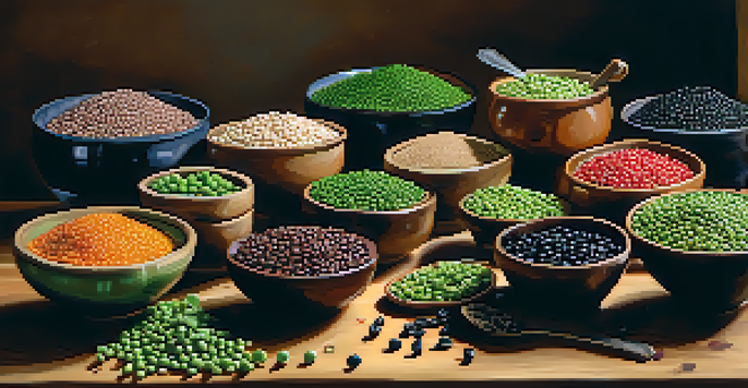 A colorful arrangement of legumes on a wooden table, featuring black beans, lentils, and green peas in glass bowls, illuminated by soft natural light.