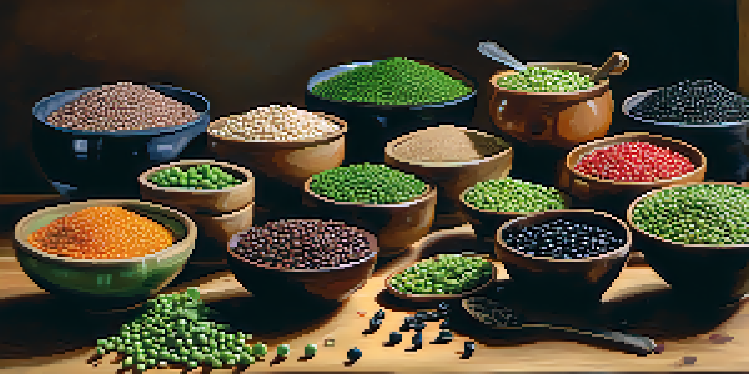 A colorful arrangement of legumes on a wooden table, featuring black beans, lentils, and green peas in glass bowls, illuminated by soft natural light.