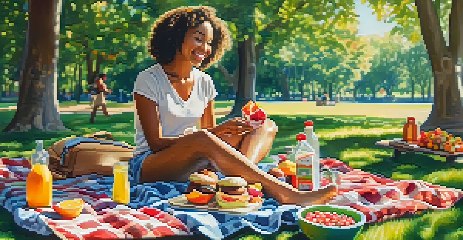 A happy traveler sitting on a picnic blanket, enjoying homemade vegan snacks in a park.