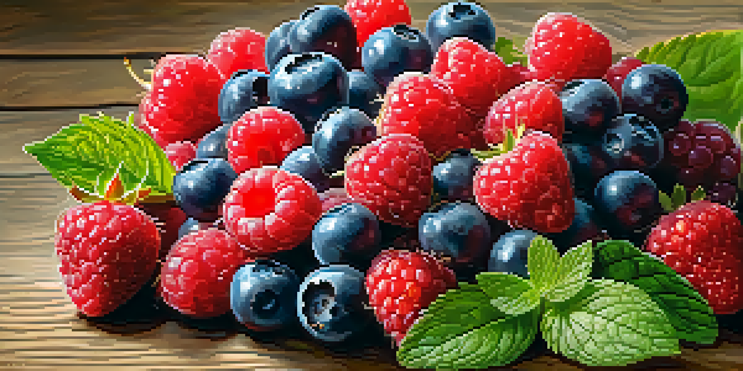 A colorful bowl filled with fresh blueberries, strawberries, and raspberries, adorned with mint leaves, on a wooden table.