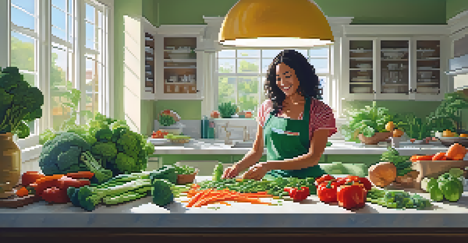 A person chopping vegetables for a vegan stir-fry in a sunny kitchen, surrounded by fresh ingredients and a basil plant.