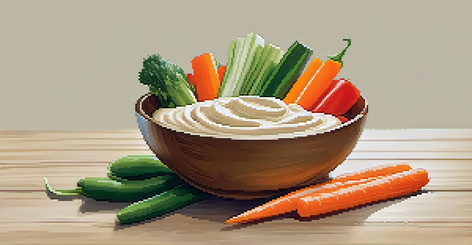 A bowl of creamy tahini drizzled with olive oil, surrounded by fresh vegetables on a textured wooden table.