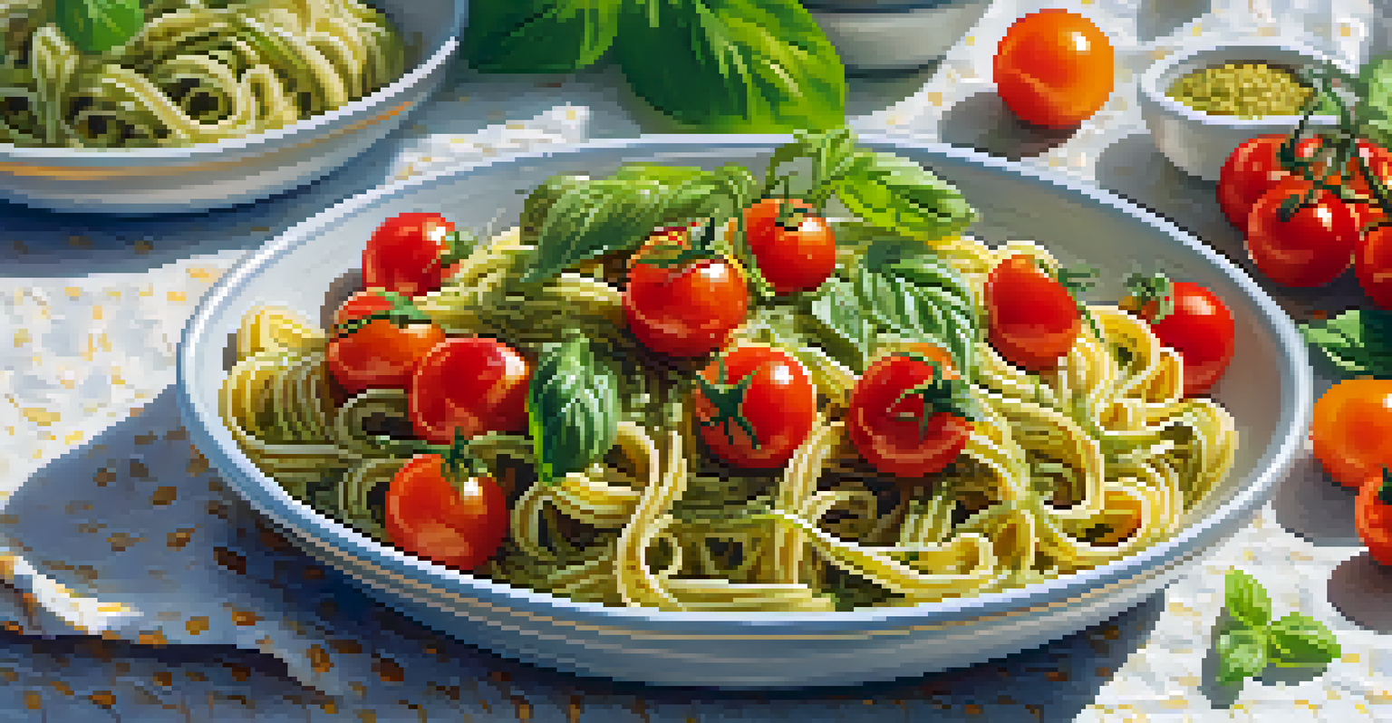 A bowl of zesty vegan pesto pasta with cherry tomatoes and basil leaves on a sunlit table.
