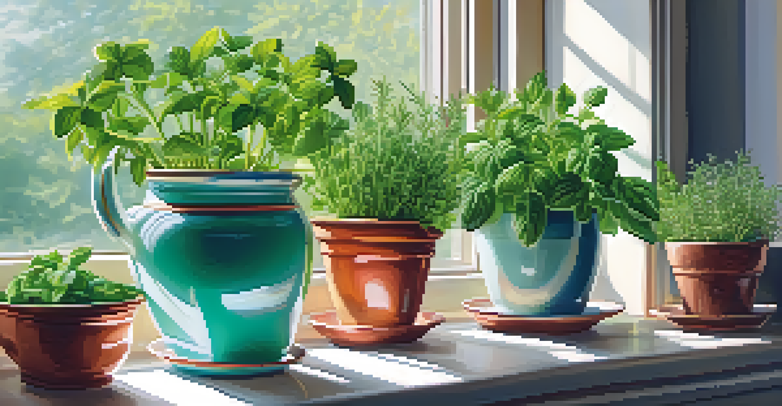 A kitchen windowsill adorned with potted herbs like basil and mint, in a bright kitchen setting.
