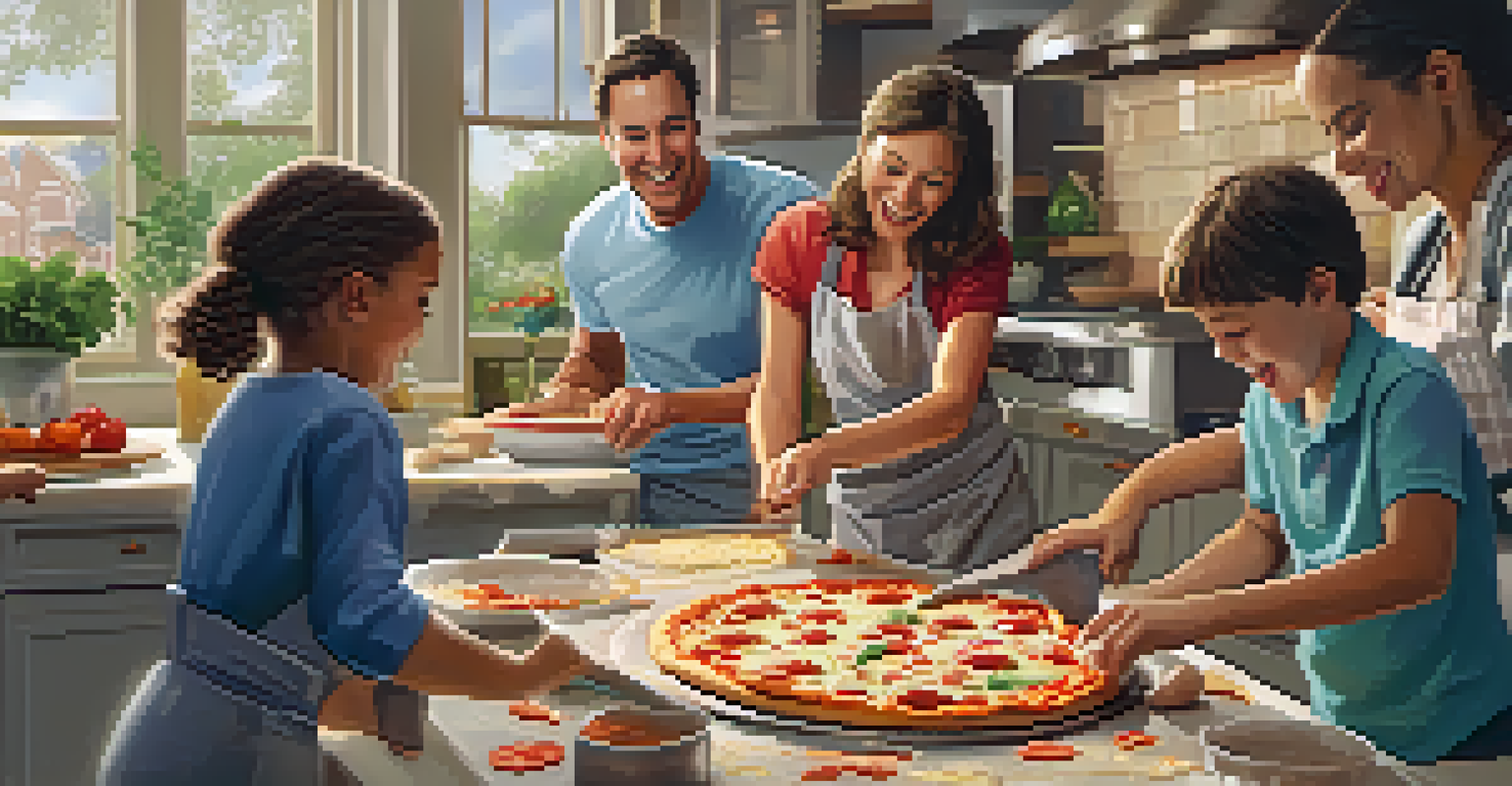 A family working together in the kitchen to make pizzas, highlighting teamwork and bonding.