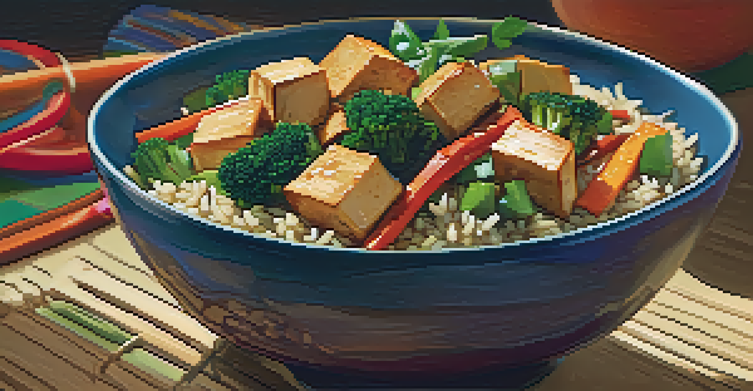 A colorful vegetable stir-fry with tofu served over brown rice in a vibrant bowl.