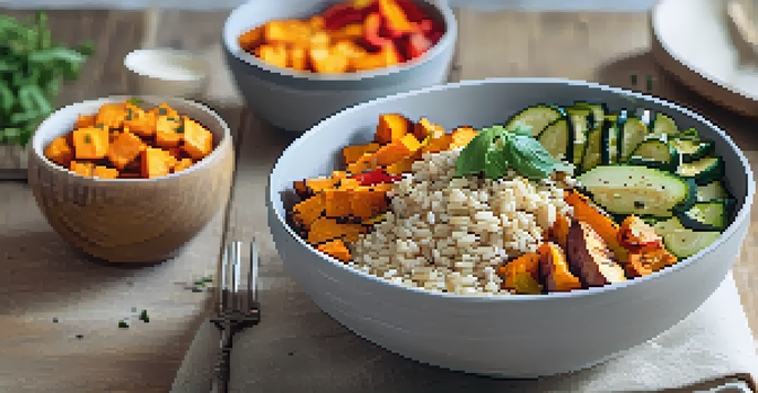 A colorful brown rice bowl filled with roasted vegetables and tahini sauce on a wooden table, illuminated by natural light.