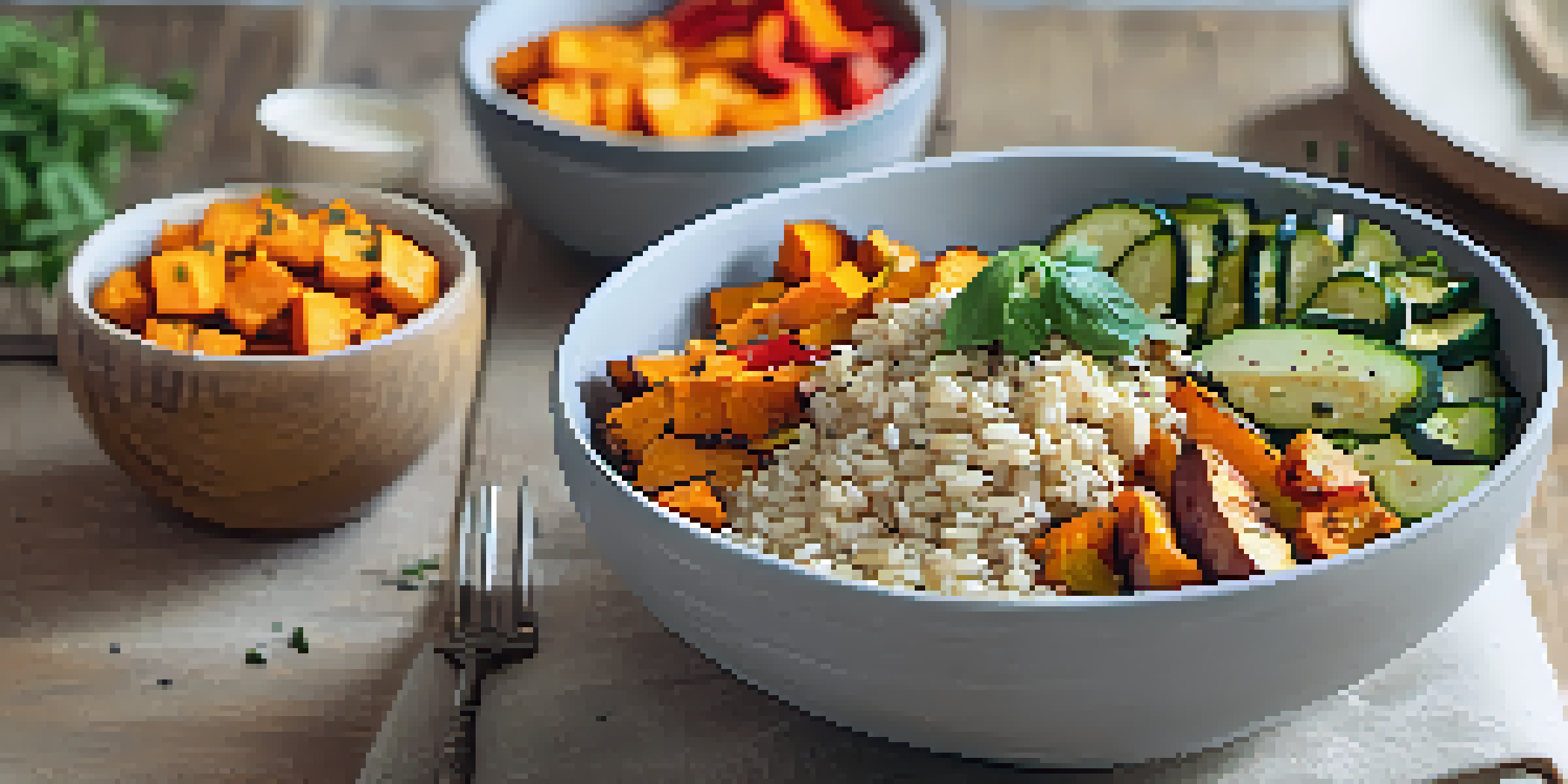 A colorful brown rice bowl filled with roasted vegetables and tahini sauce on a wooden table, illuminated by natural light.