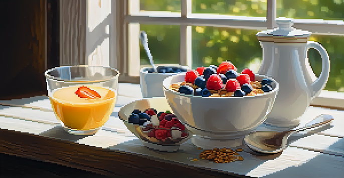 A bowl of coconut yogurt with berries and granola on a wooden table, illuminated by soft morning light.