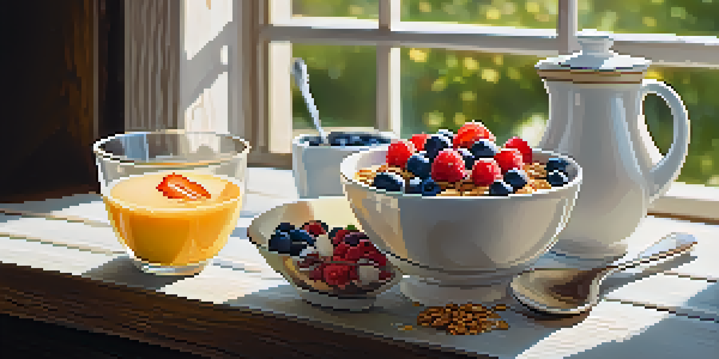 A bowl of coconut yogurt with berries and granola on a wooden table, illuminated by soft morning light.